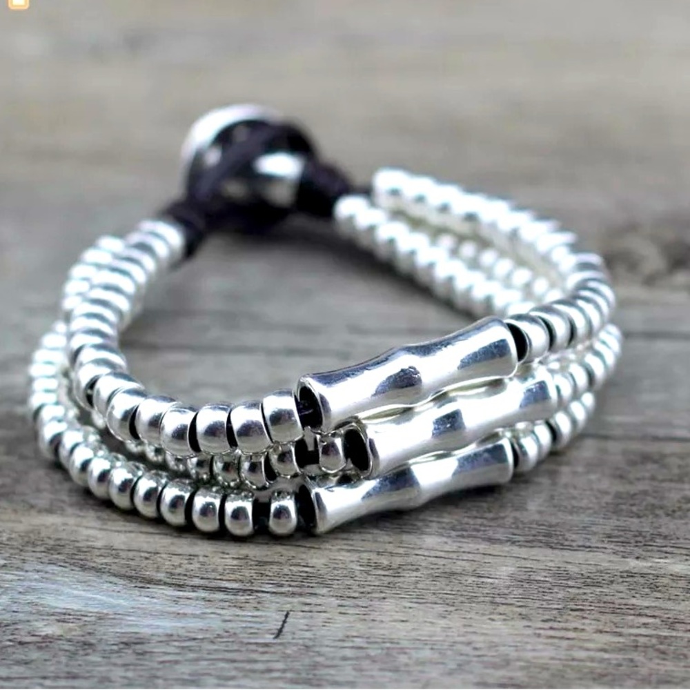 BAMBOO • Boho bracelet • Silver plated beads and real leather